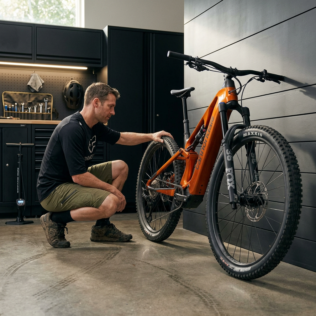 Hombre revisa la Cannondale Moterra SL 2 Carbon naranja en un garaje moderno, con herramientas y bomba de aire cerca.