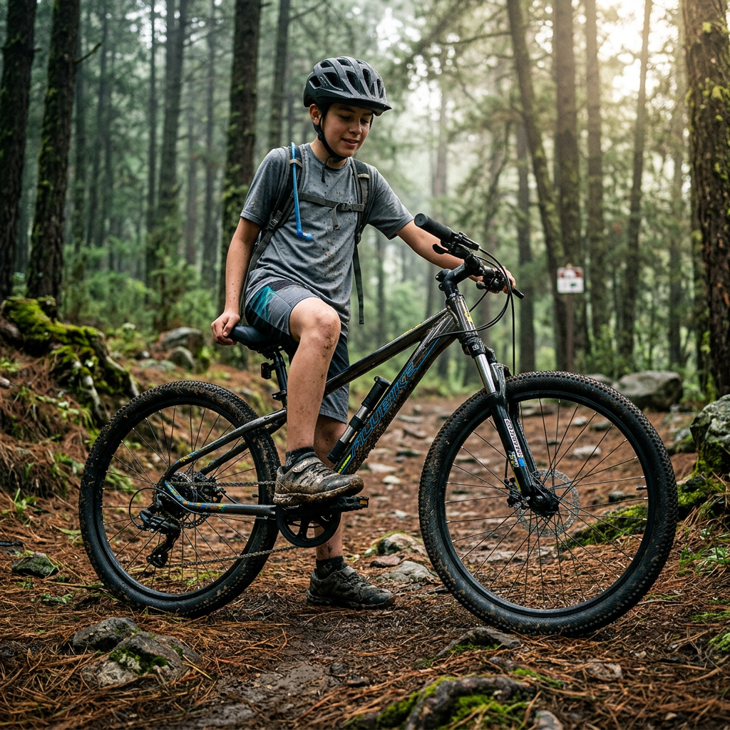 Joven sonriente con casco sentado en una Bicicleta 24 Alubike Sierra 8 vel. Negro, listo para montar en un bosque.