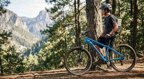 Joven ciclista con casco y mochila descansando junto a su Bicicleta Alubike Sierra 24 1 x 8 Shimano en un bosque montañoso.