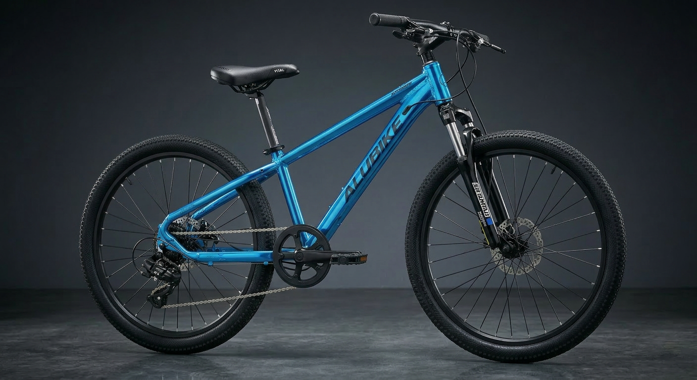 Bicicleta Alubike Sierra 24 1x8 Shimano azul brillante con cuadro de aluminio, pedales y llantas negras en estudio.