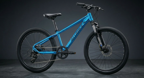 Bicicleta Alubike Sierra 24 1x8 Shimano azul brillante con cuadro de aluminio, pedales y llantas negras en estudio.